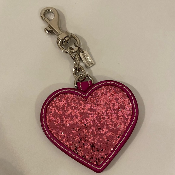 Coach Red & Pink Glitter Heart Keychain Fob Bag Charm Silver Hardware - Picture 3 of 8